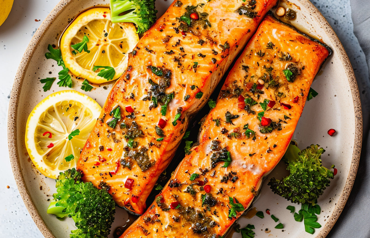 Grilled salmon fillets with lemon and herbs, cooked to perfection by Ruokala