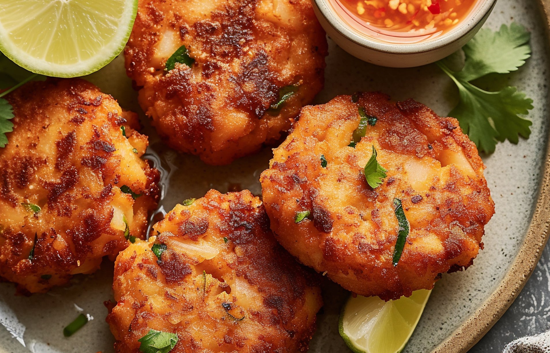Crispy air-fried fish patties with lime and dipping sauce by Ruokala