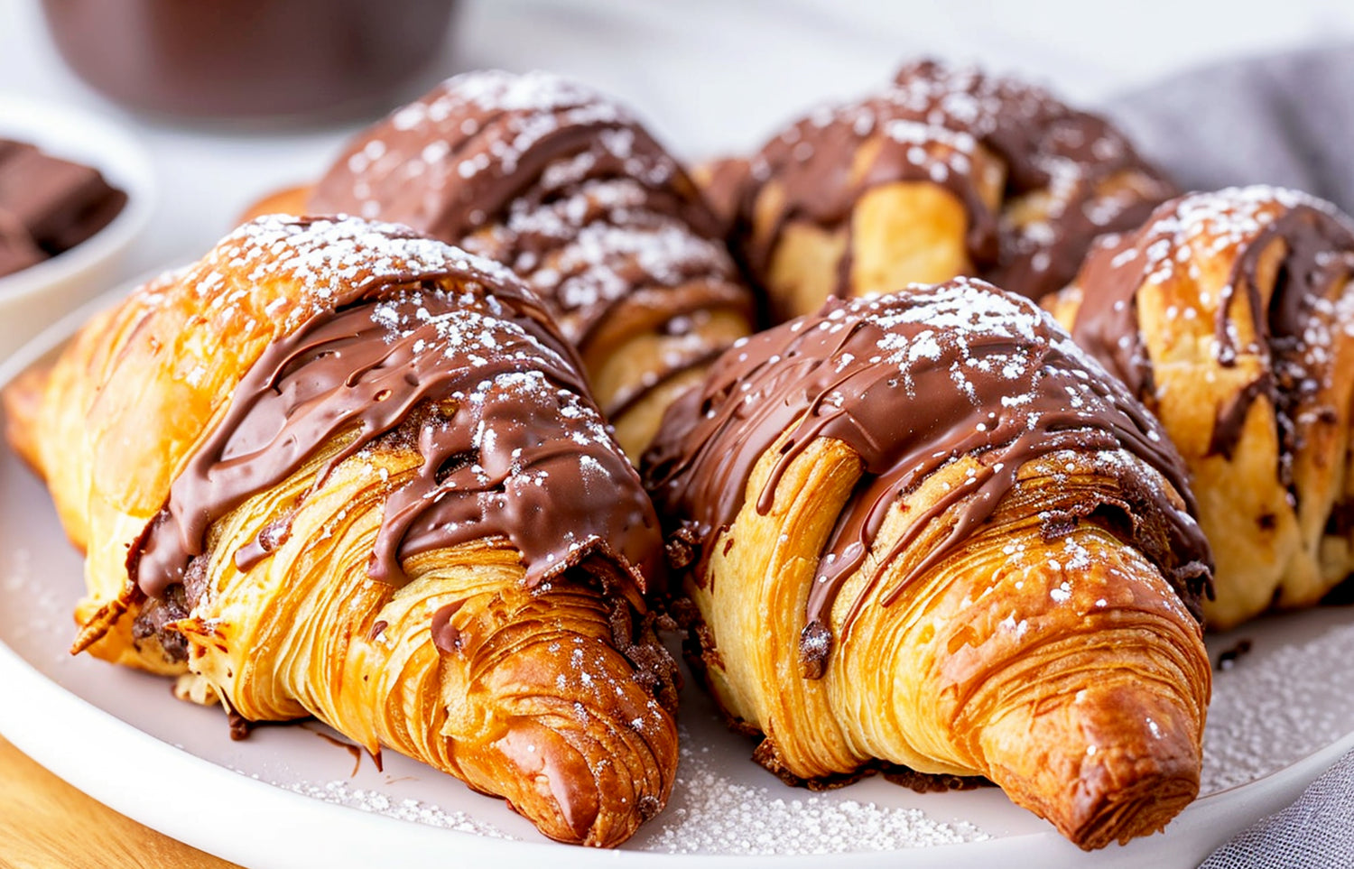 Gourmet chocolate-drizzled croissants on a white plate by Ruokala