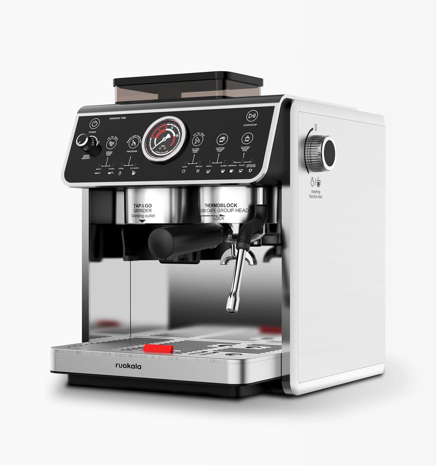 Automatic espresso machine with coffee grinder and programmable settings.