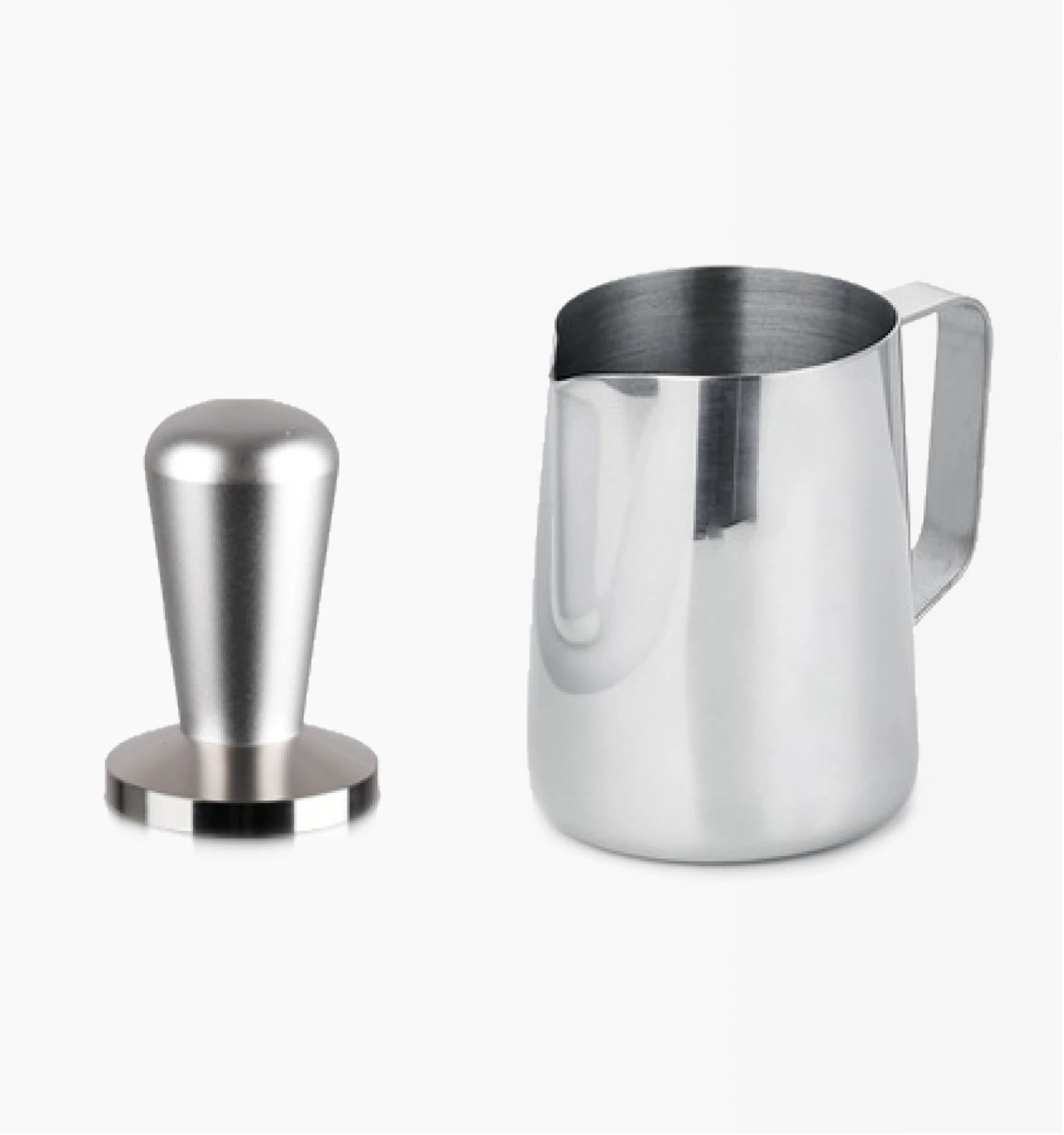 Barista tools featuring a metal coffee tamper and stainless steel frothing pitcher.