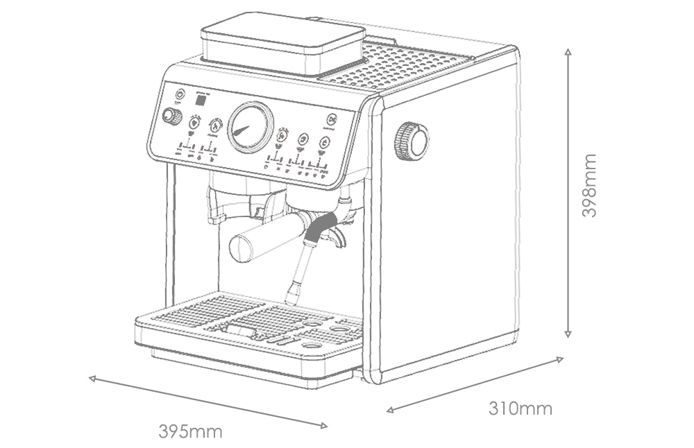 Detailed schematic of a compact espresso machine with precise dimensions.