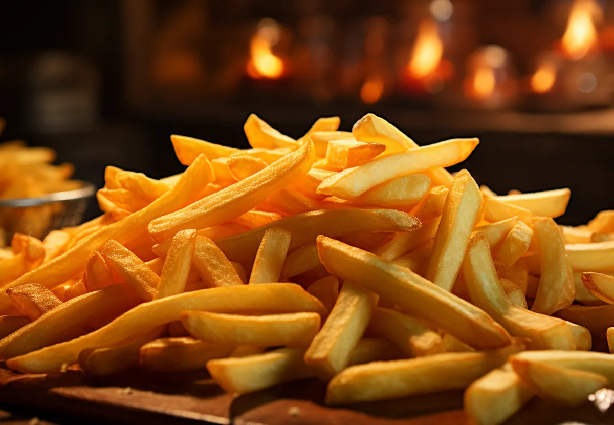 Heap of crispy golden french fries on a wooden board with a warm ambiance.