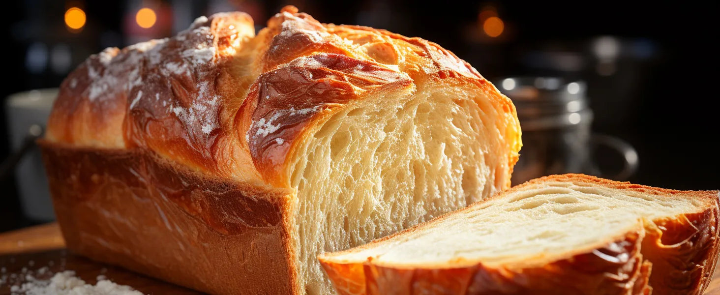 Freshly baked brioche loaf with a golden crust, sliced to show soft interior.