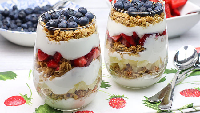 Healthy yogurt parfaits layered with fresh berries and granola, a nutritious and tasty breakfast option.