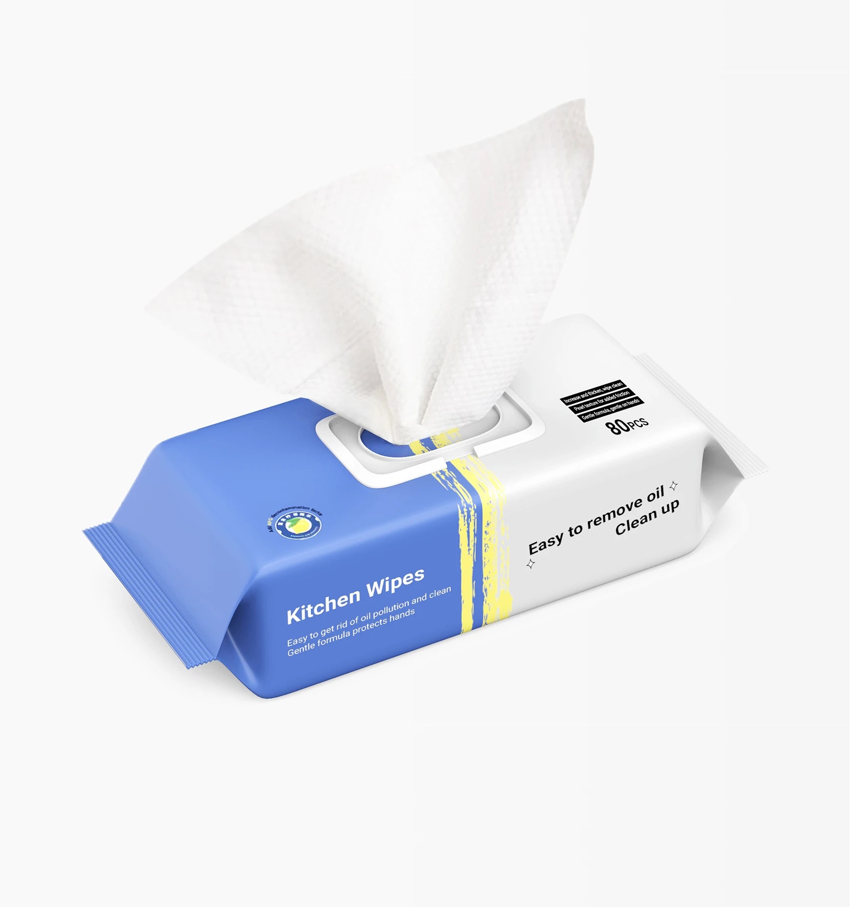 Packaging of blue and white kitchen wipes with one wipe partially pulled out, emphasizing ease of oil removal.