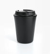 Matte black reusable coffee cup with lid on white background for eco-friendly drinkware.