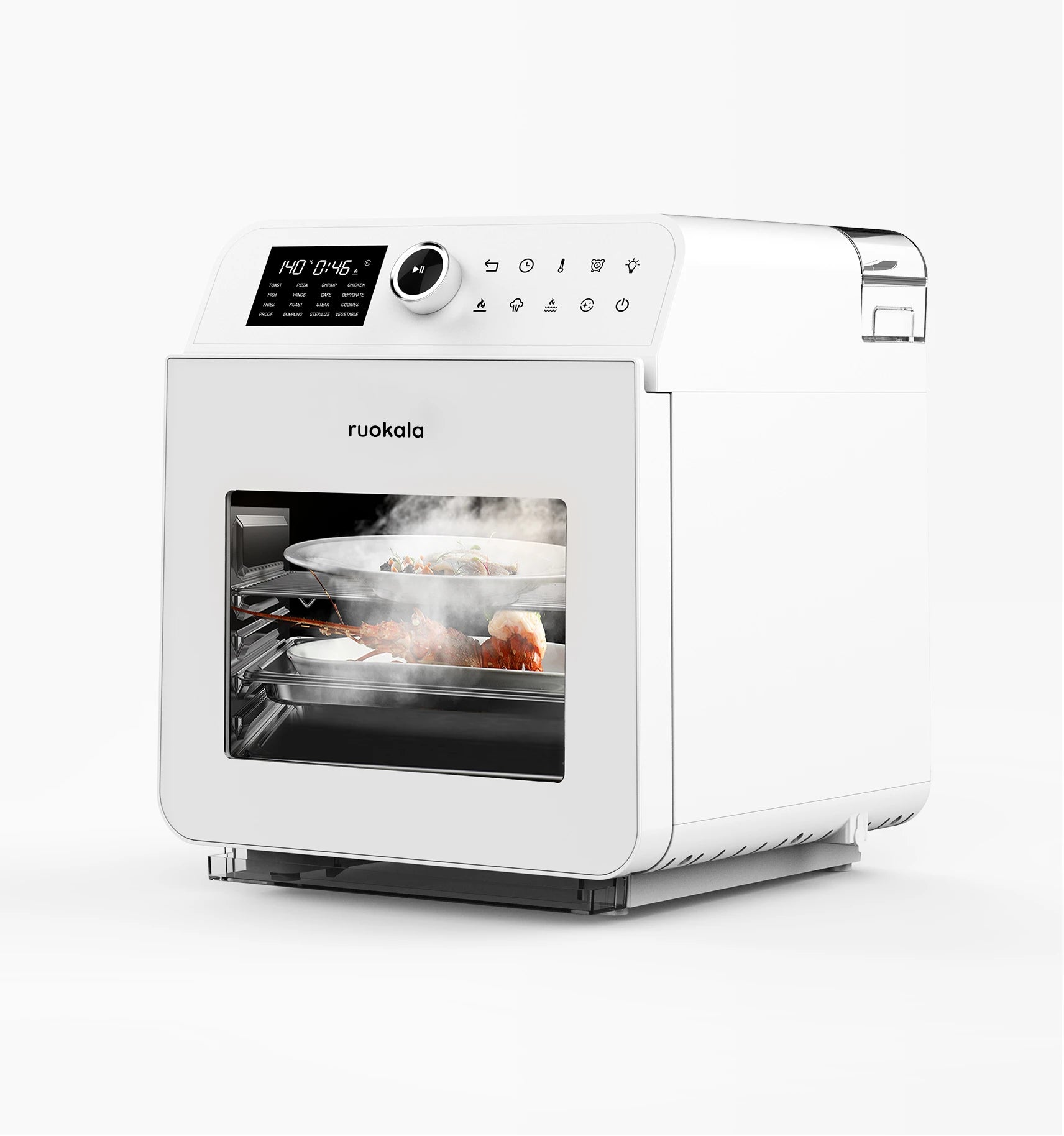 Premium Ruokala air fryer in operation, steaming fresh seafood, highlighting the appliance's efficient cooking and sleek design.