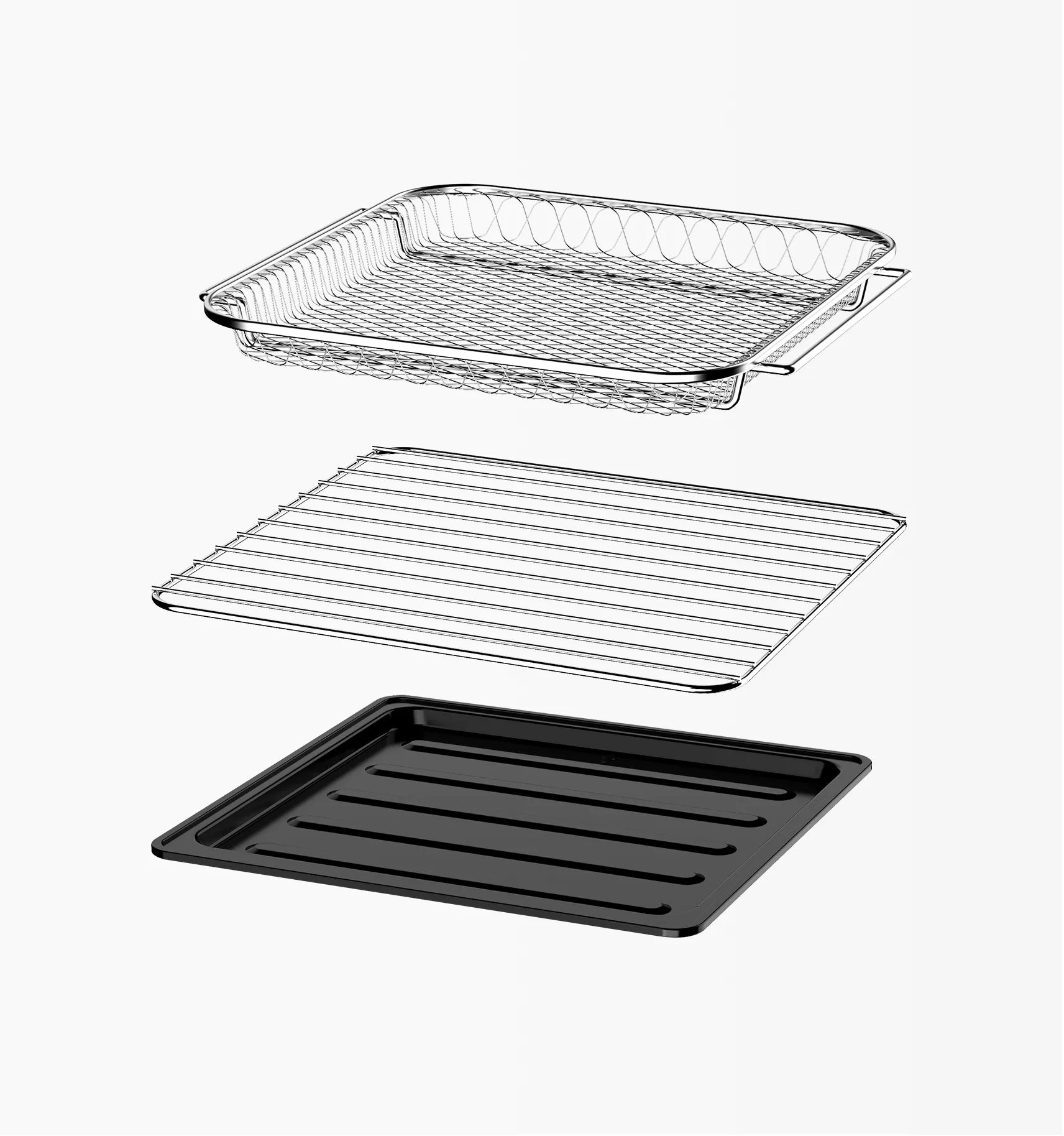 Complete set of Ruokala air fryer accessories including a mesh basket, grilling rack, and drip tray for versatile cooking options.