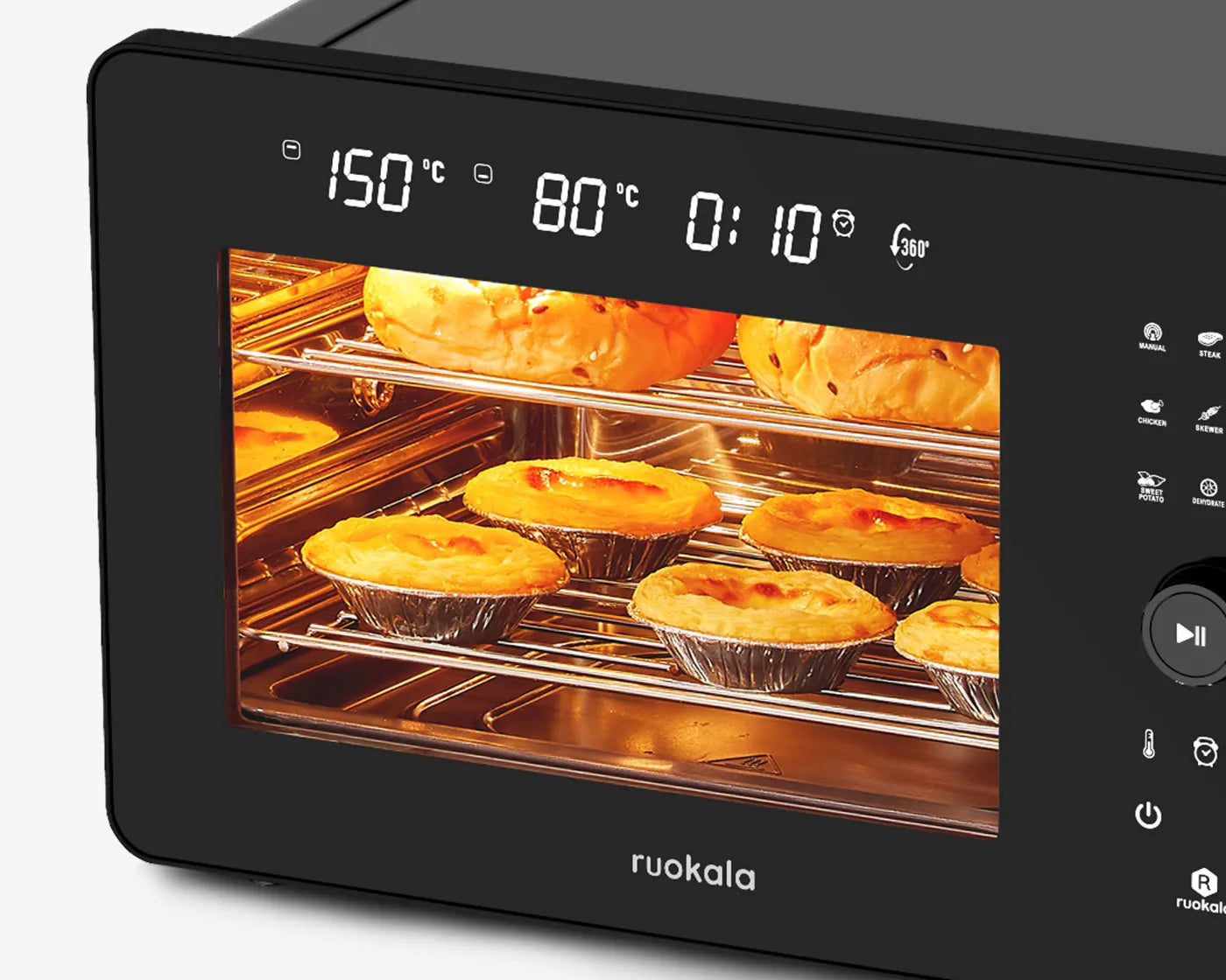 Ruokala air fryer baking delicious pastries, featuring a digital display with precise temperature and time control.