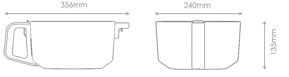 Side and top view technical illustrations of Ruokala air fryer basket, detailing the design and dimensions.