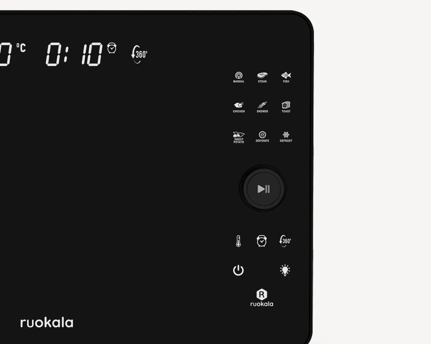 Ruokala air fryer's user-friendly control panel with LED display featuring various cooking presets for ease of use.