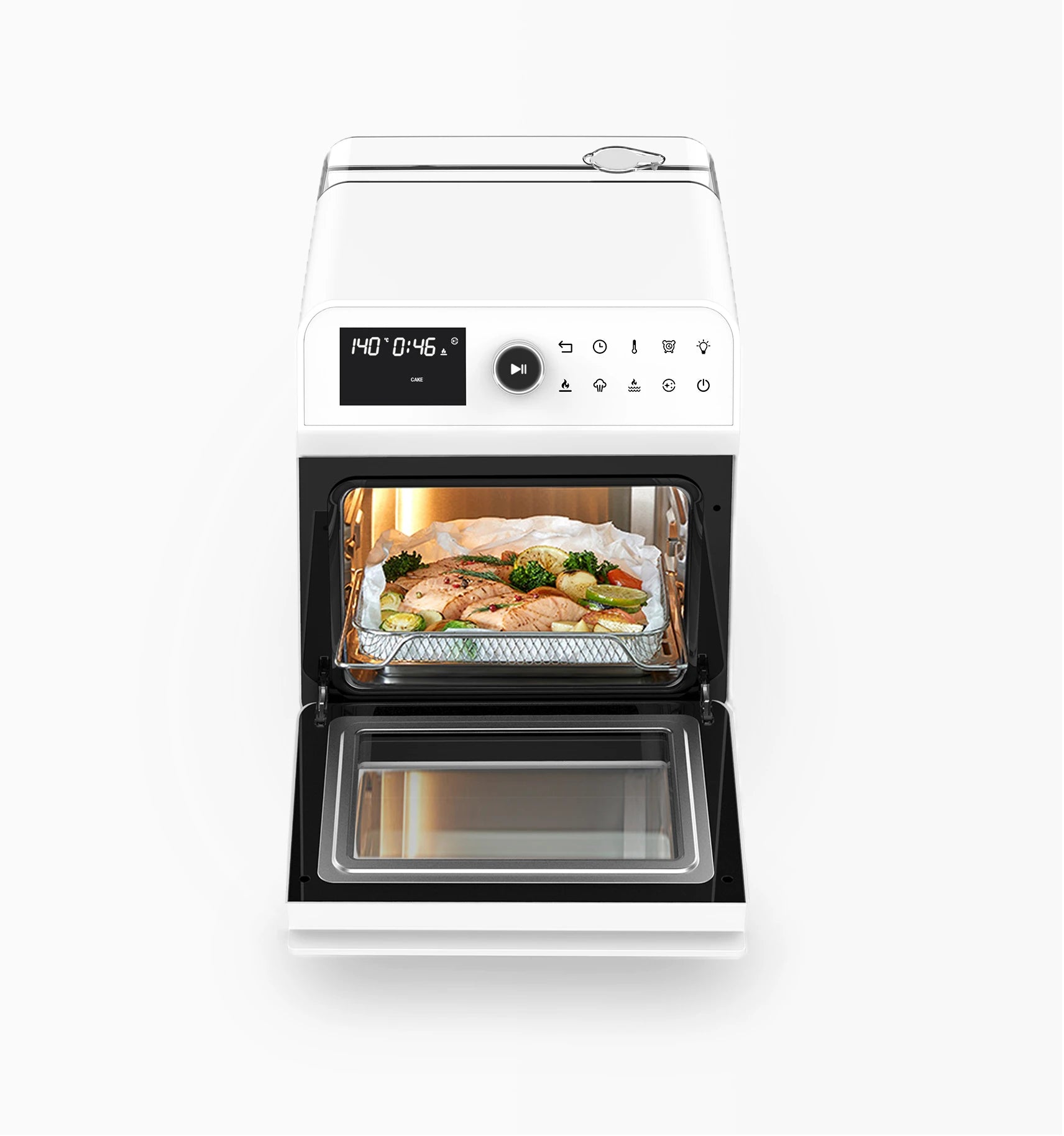 Ruokala air fryer cooking a nutritious meal of fish and vegetables, showcasing the ease of preparing healthy dishes.