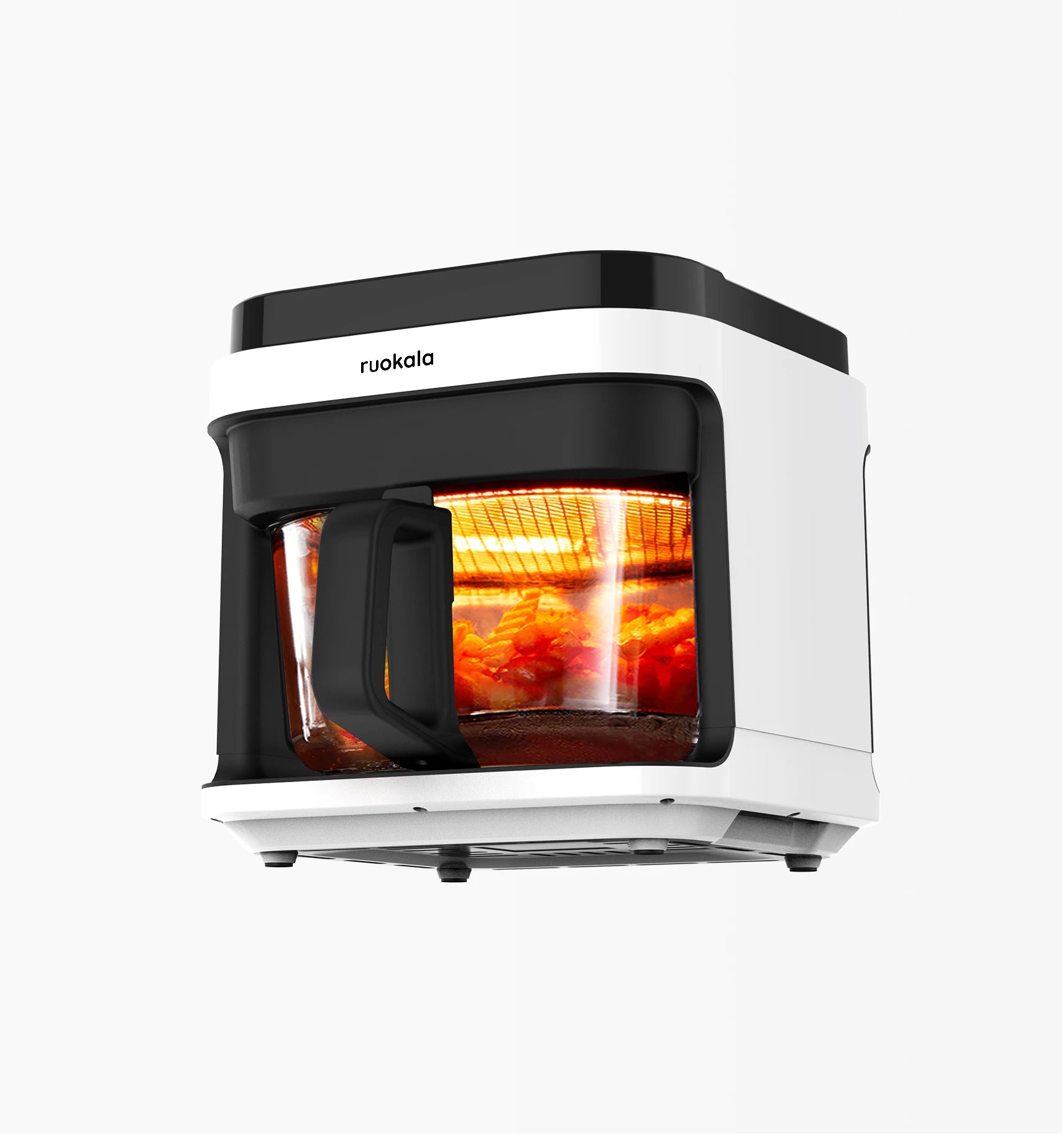 Ruokala air fryer in operation with a warm reddish glow, emphasizing the heat technology for efficient cooking.