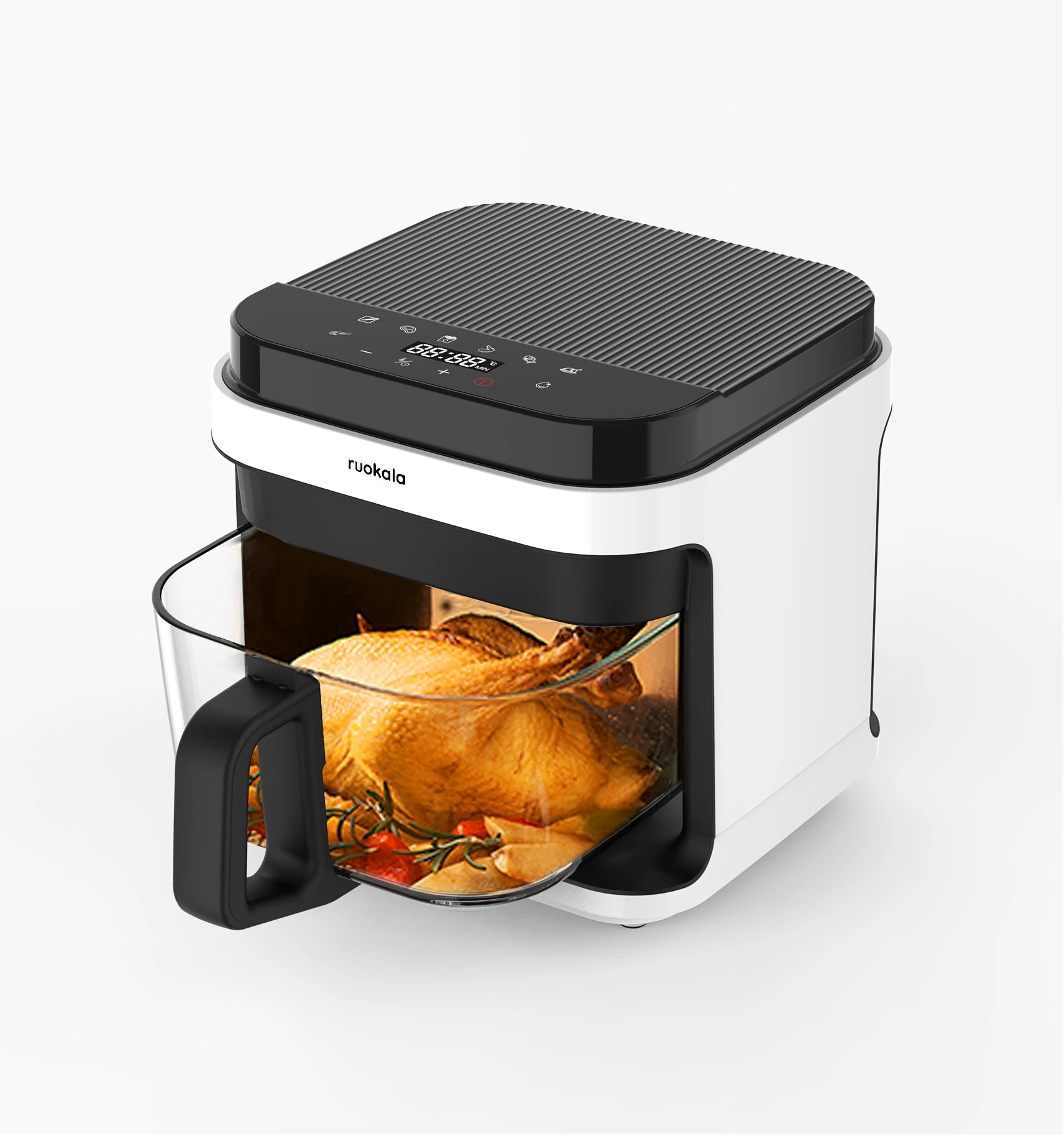 Ruokala air fryer featuring a perfectly roasted golden-brown chicken, highlighting the appliance's roasting capabilities and sleek black and white design.