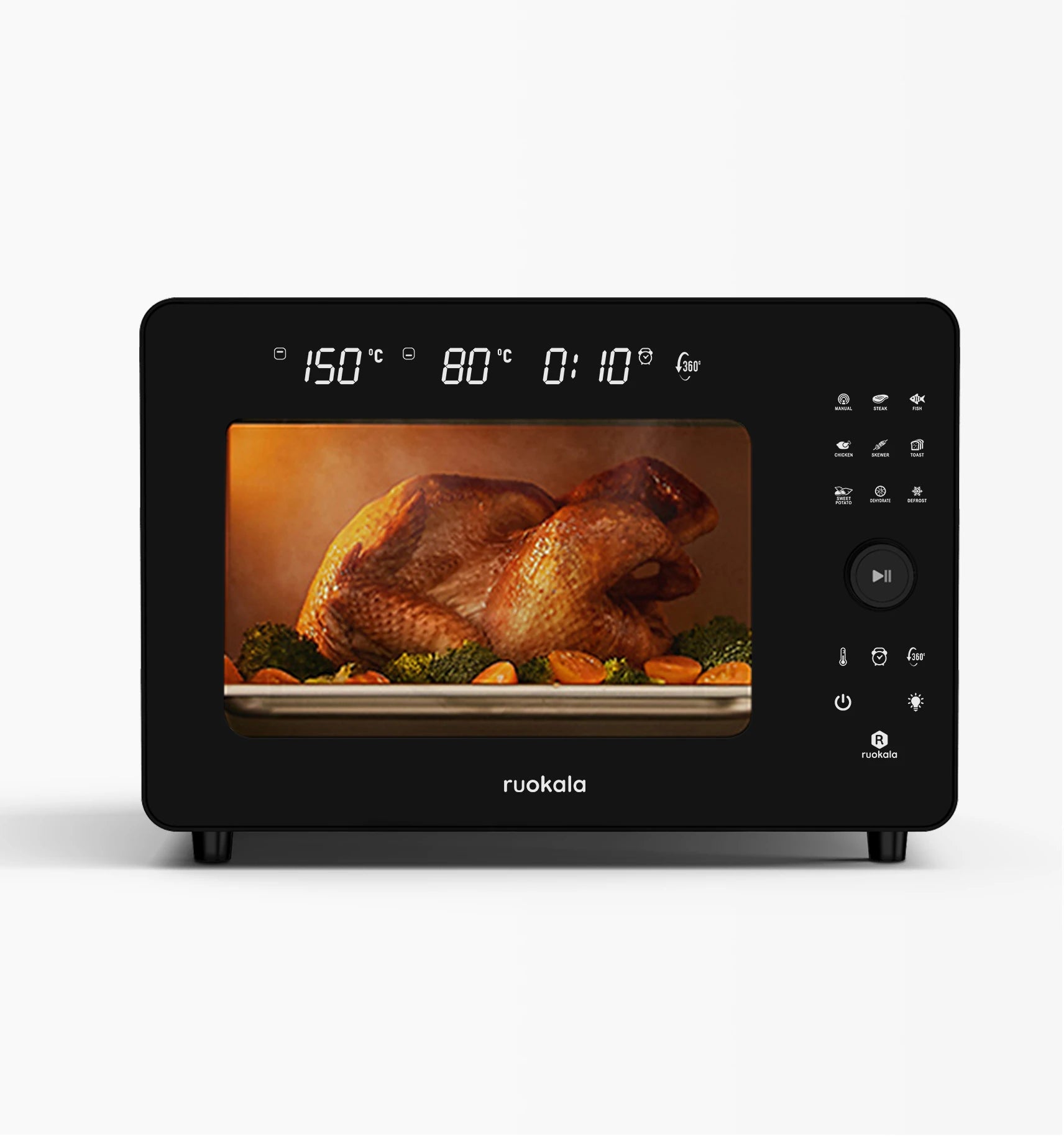 Ruokala air fryer perfectly roasting a chicken with a digital touchscreen interface for easy temperature and timer adjustments.