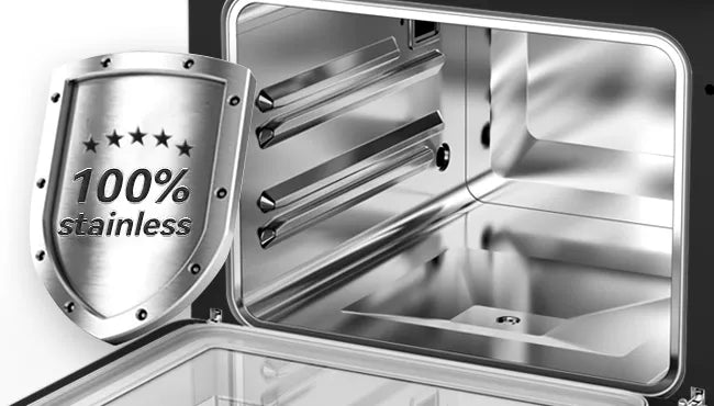 Detail of Ruokala air fryer's 100% stainless steel interior, ensuring durability and easy maintenance for culinary enthusiasts.