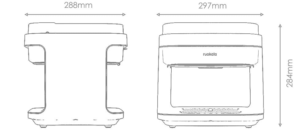 Technical dimensional drawing of Ruokala air fryer, providing precise measurements for customer reference.
