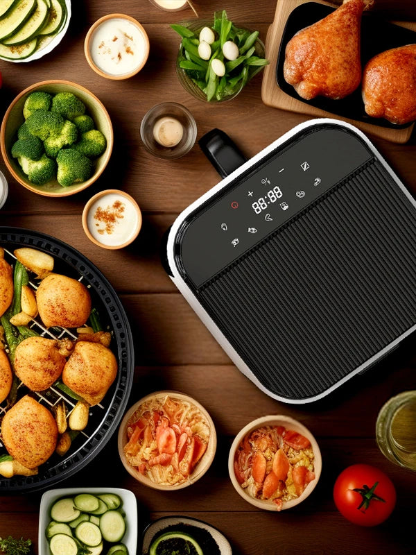 Ruokala MINI Airfryer with a delicious spread of healthy foods